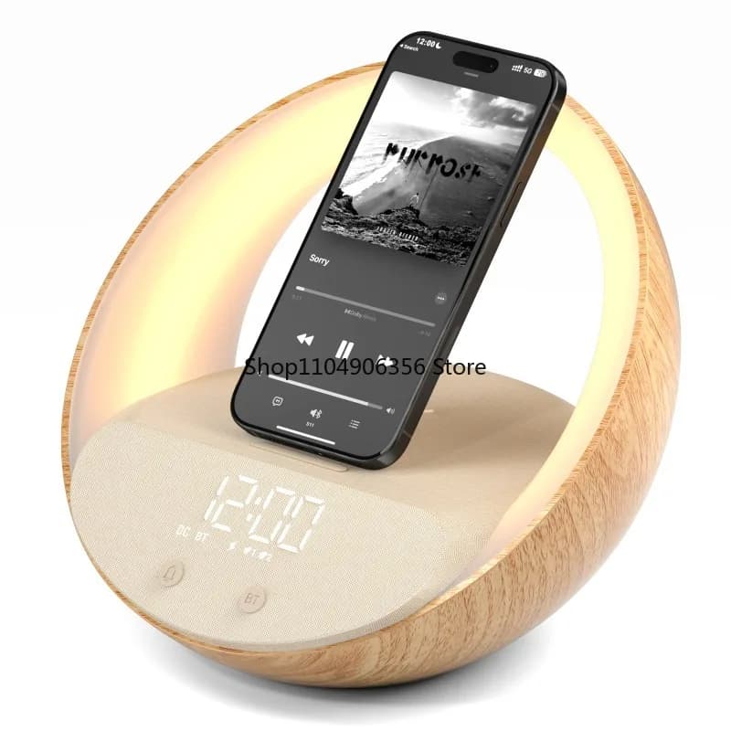Altoparlante 5-in-1 multifunzione con ricarica wireless, audio Bluetooth, luce notturna, ideale come regalo per la camera da letto.