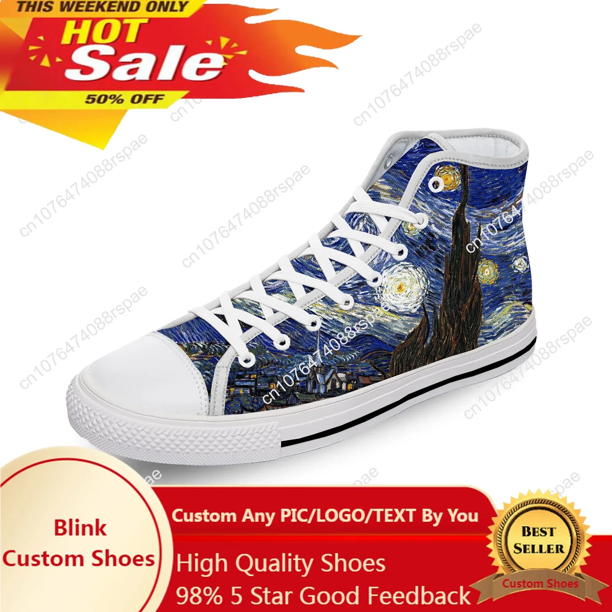Van Gogh Oil Painting Aesthetic Starry Night White 3D Print High Top Canvas Shoes Men Women Lightweight Breathable Sneakers
