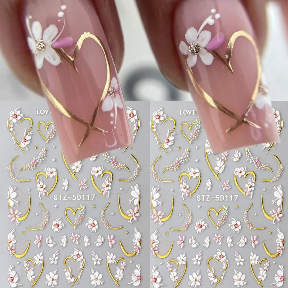 2 adesivi per unghie floreali in rilievo 5D - Disegni di fiori con cuore d'amore dorato Decalcomanie autoadesive per la decorazione delle unghie manicure fai da te
