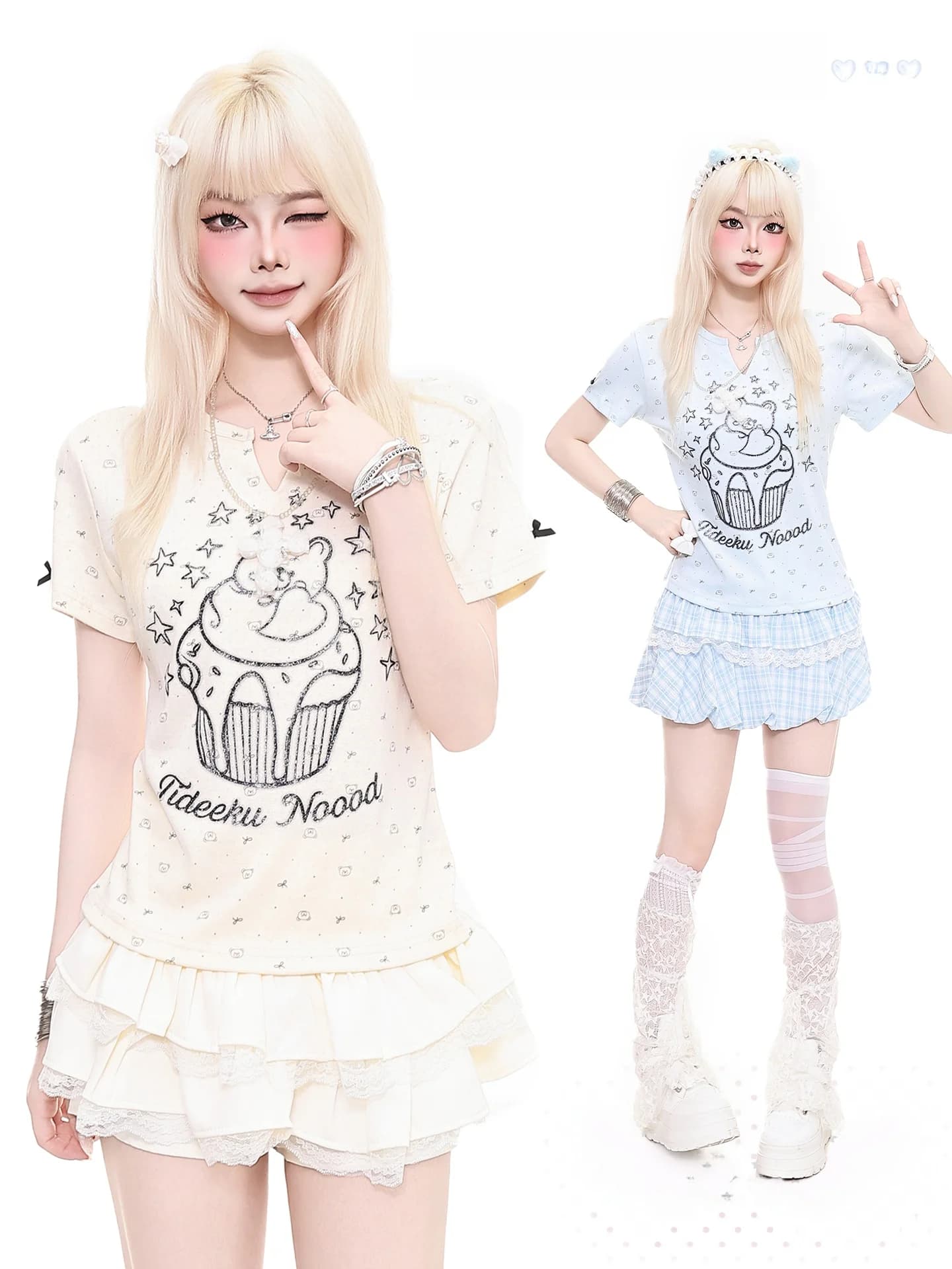 Cute Star Cake V-neck Short Sleeve T-shirt Women Slim Fit Short Style Shoulder Top Orange Marmalade Girl's Fashion Summer Top