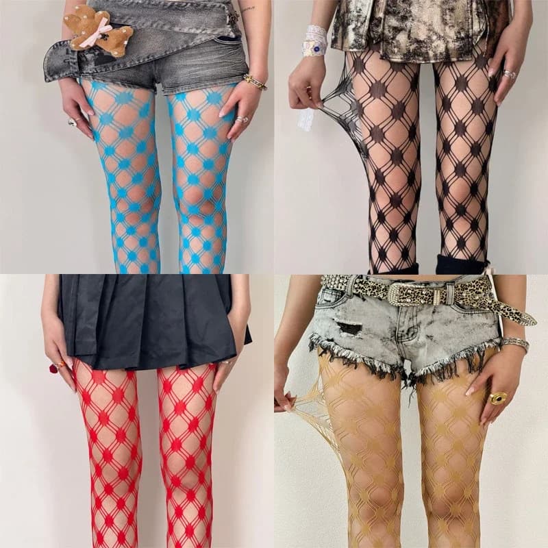 Collant a rete sexy a tre linee con motivo a quadri con diamanti da donna, versione sottile estiva, collant anti-gancio con foro altamente elastico e traspirante
