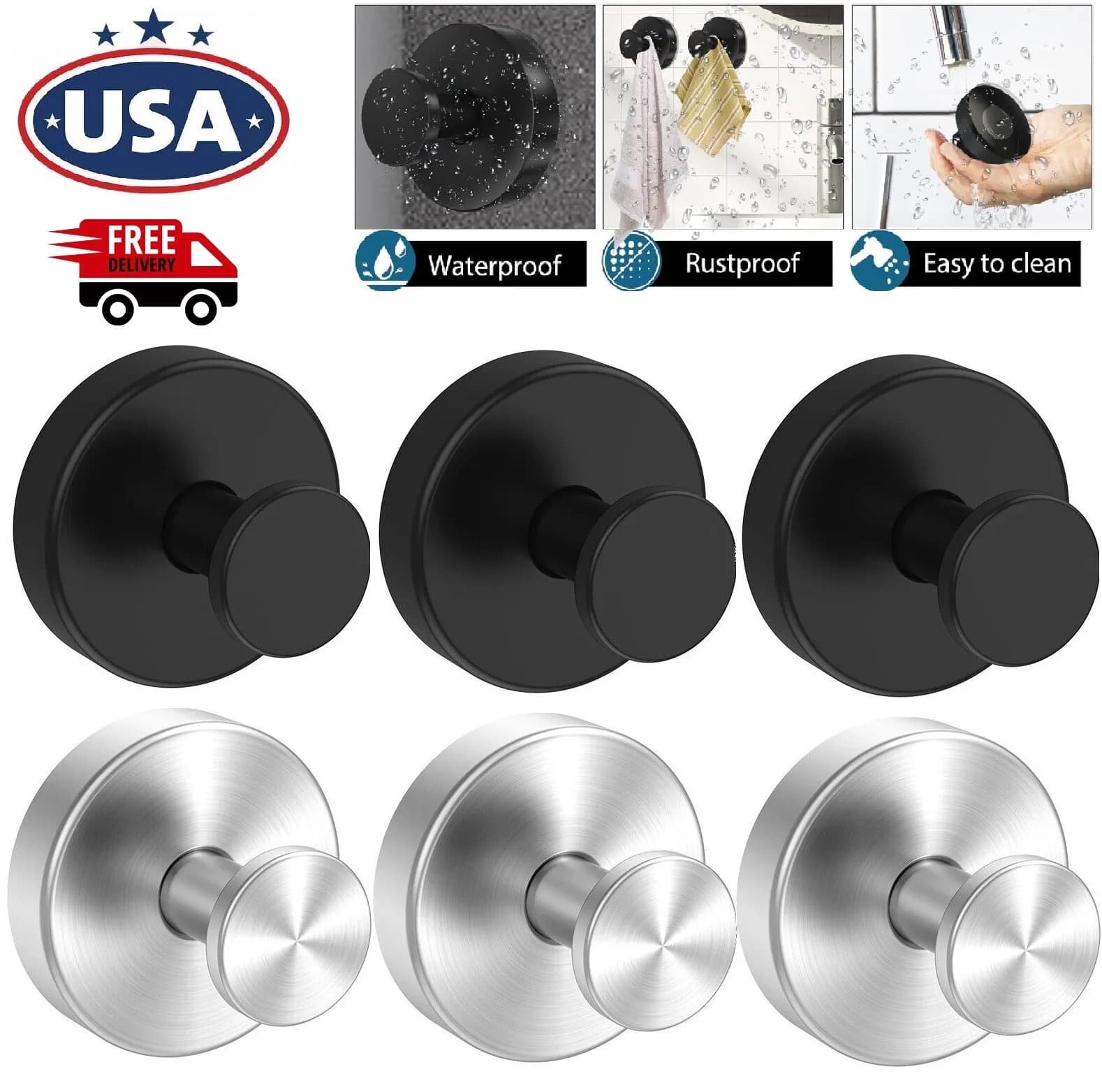 GMOX 6-Pack Suction Cup Hooks Stainless Steel Heavy Duty Shower Towel Hooks No Drill Damage Free Wall Hooks for Bathroom Kitchen