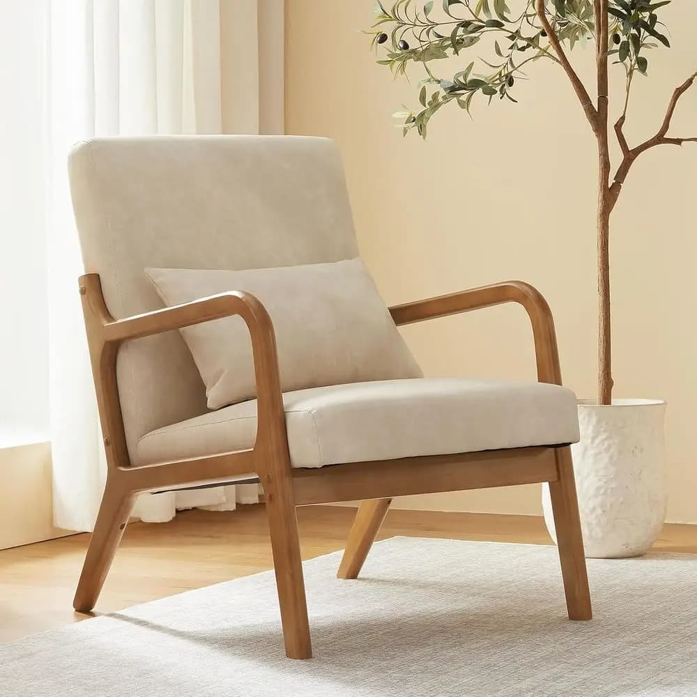 Poltrona Ergonomica Stile Century con Cuscino Lombare, Gambe in Legno, Pelle PU, Ideale per Soggiorno o Camera da Letto