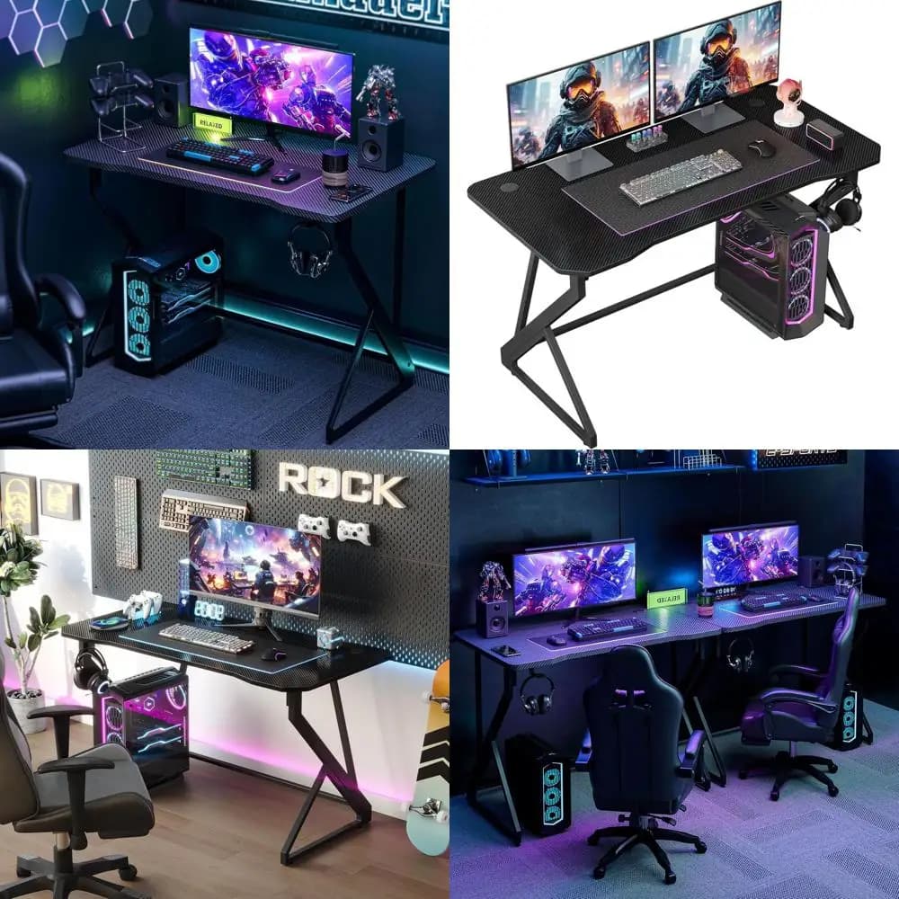 Scrivania da gioco Stazione di lavoro per giocatori da 40 pollici a forma di Z, tavolo per PC da gioco con superficie in fibra di carbonio per computer di casa con gancio per cuffie, auto