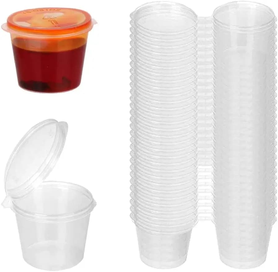 Coppette Monouso Trasparenti in Plastica con Coperchio 50/100 Pezzi, Mini Contenitori per Alimenti per Chutney, Salsa Chili, Jello Shot, Coppette Monodose