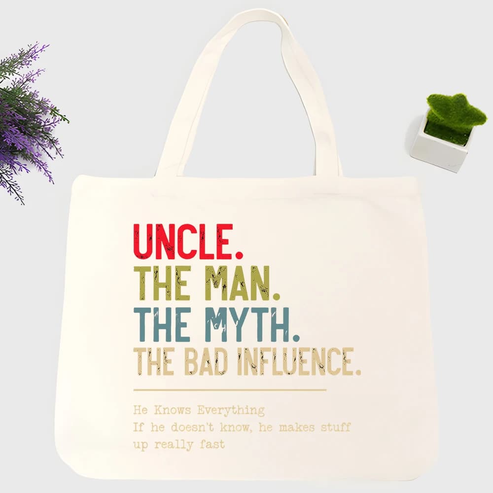 Uncle-themed slogan print canvas tote bag, vintage style for casual daily use and gift occasions