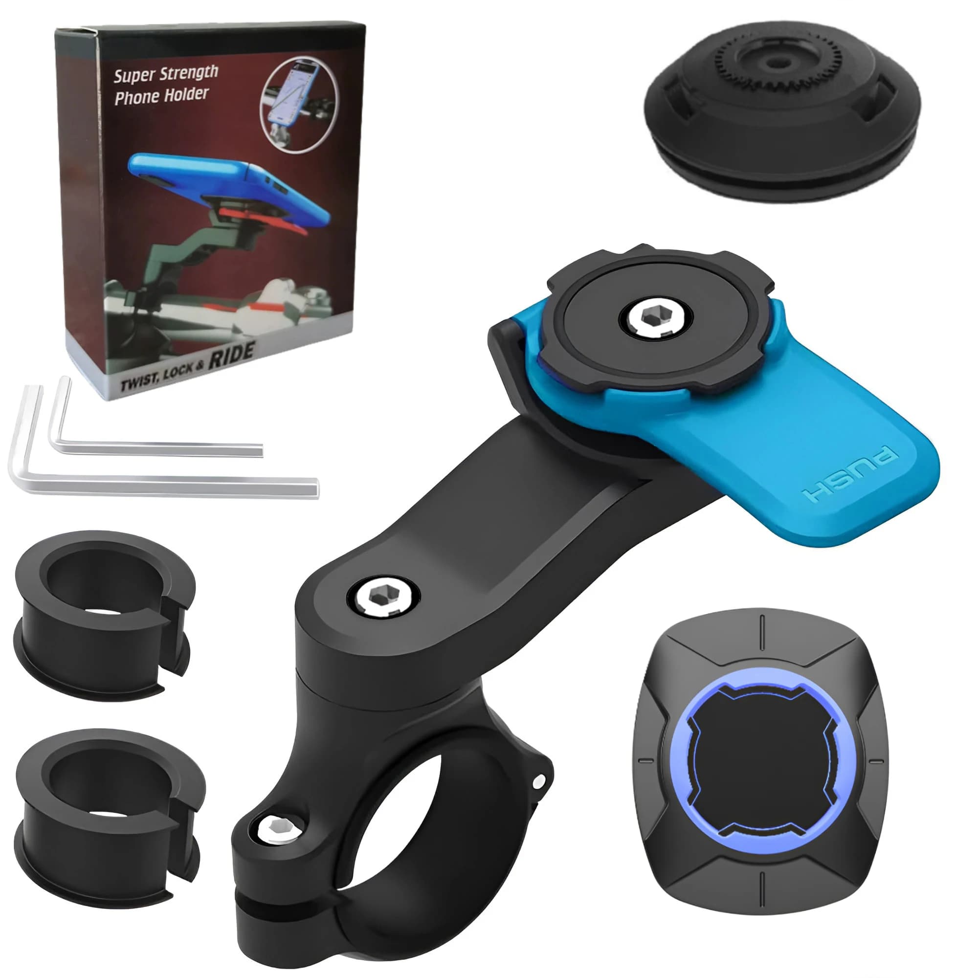 Bike phone support, mobile phone support for anti-vibration bike with vibration dampener, quick release connection/stack