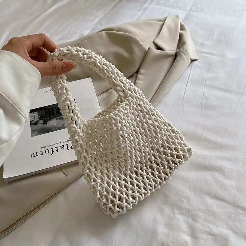 Travel Cotton Rope Hollowed Out Fishing Net Hand Woven One Shoulder Hand-Held Beach Bag for Women In Summer