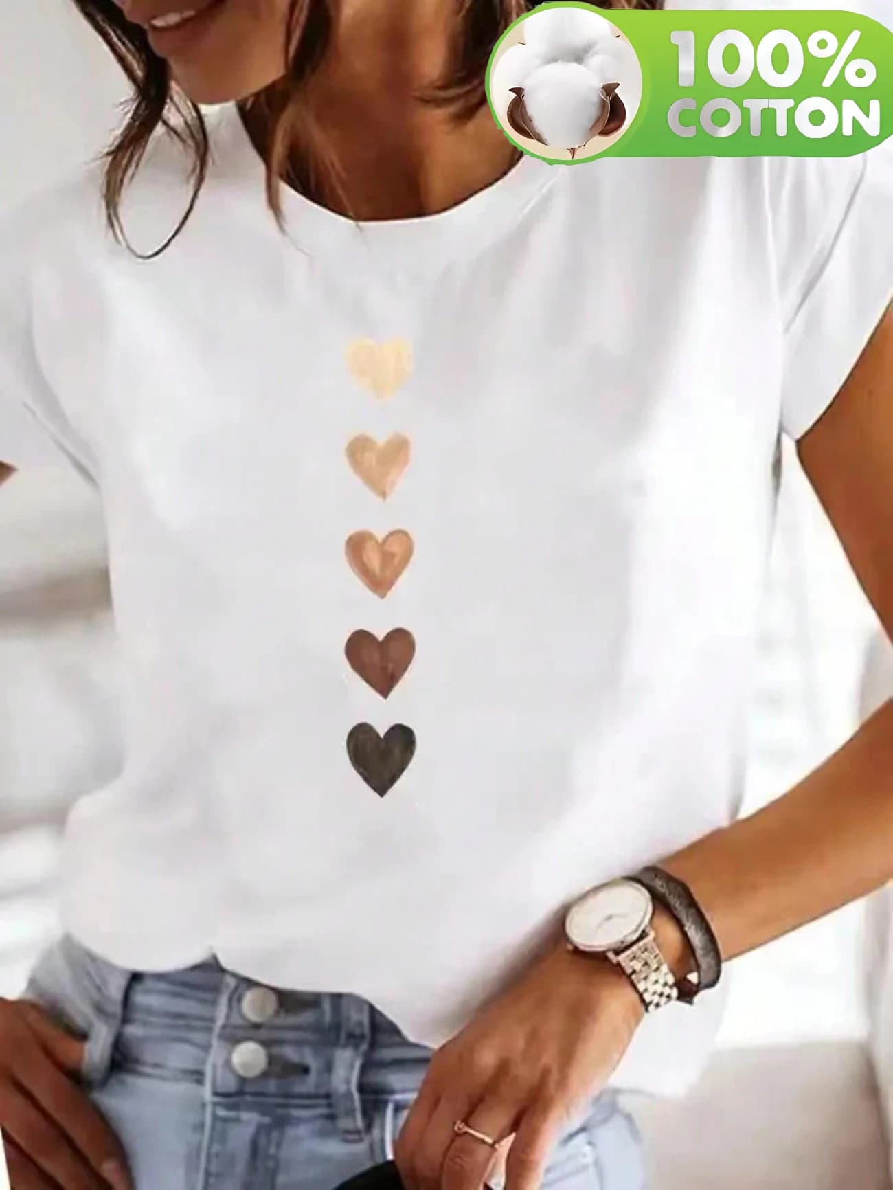 100% Cotton T SHIRT Heart Print Letter Print Women's Fashion T-Shirt Casual Crew Neck Summer Top Tee Grunge