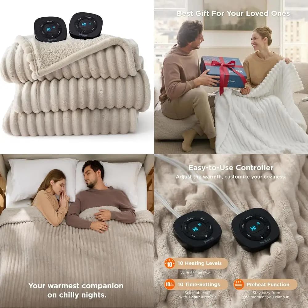 Coperta elettrica in flanella a righe spesse Queen Size: doppi controlli, 10 impostazioni di calore e tempo, spegnimento automatico di 8 ore
