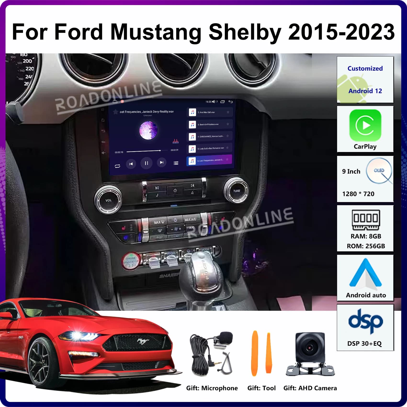 Autoradio Android 14 da 9 pollici per Ford Mustang VI S550 Shelby 2014-2023, 8+256GB, Lettore Multimediale per Auto, GPS, Stereo, Ricevitore Radio, 4G+WiFi, CarPlay