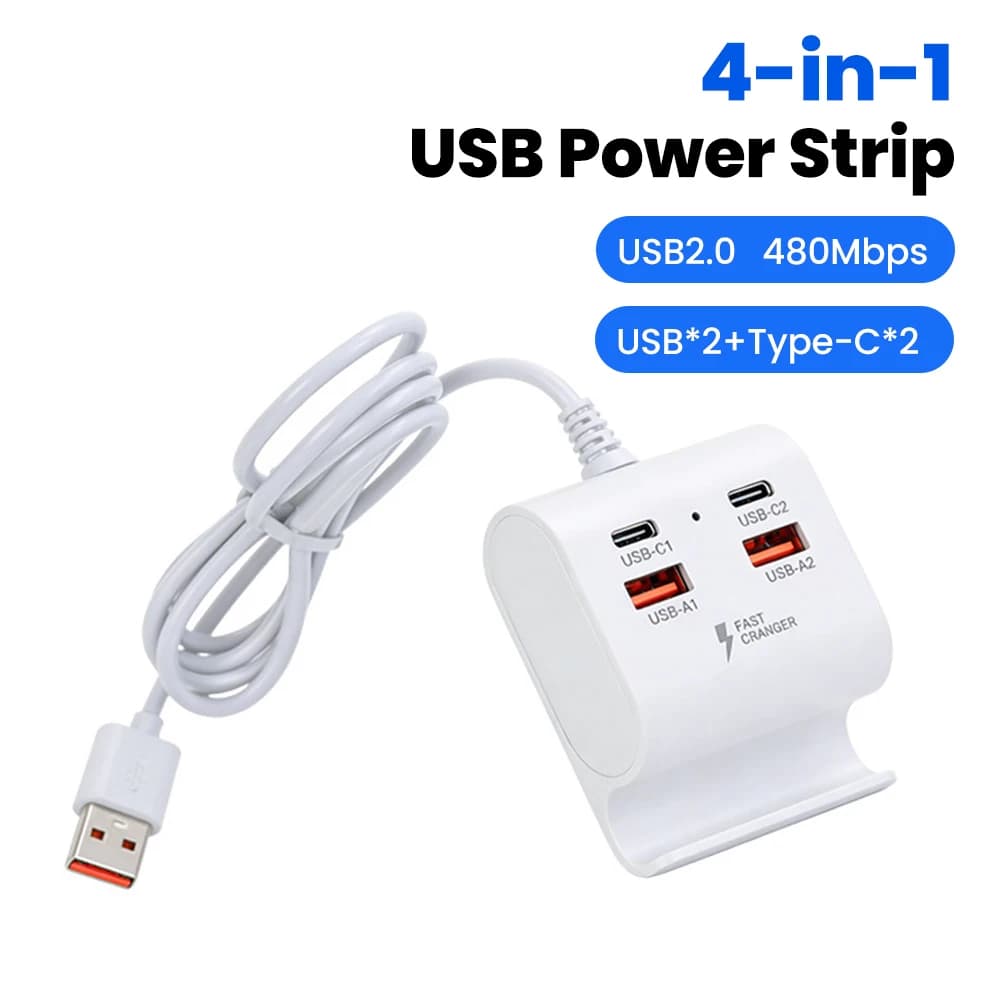 Presa USB 4 in 1 con supporto USB Type C per ricarica rapida e supporto per cellulare, compatibile con iPhone, Xiaomi, Samsung, laptop e tablet.