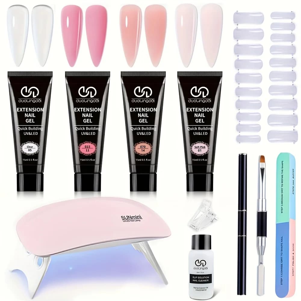Kit Gel per Unghie Poly, 4 Pezzi Colori Trasparente Rosa Bianco per Estensione, Gel Duro a Lunga Durata per Rinforzare le Unghie