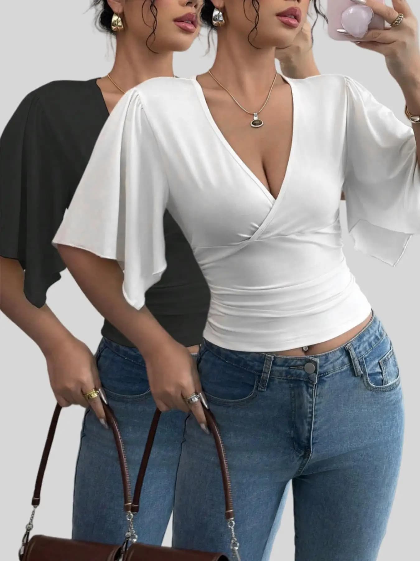 T-shirt da donna elegante con scollo a V, tendenza versatile, manica grande, set da due pezzi
