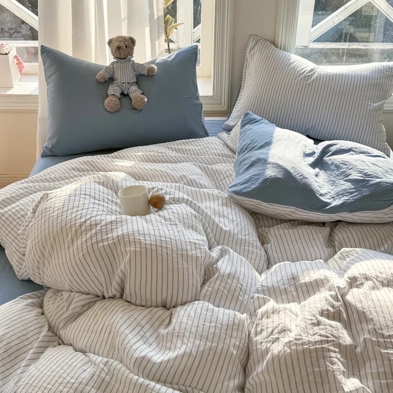 Set biancheria da letto in morbido cotone lavato Set copripiumino stile a righe con copripiumino Lenzuolo Federa Set lenzuola in cotone 100%.
