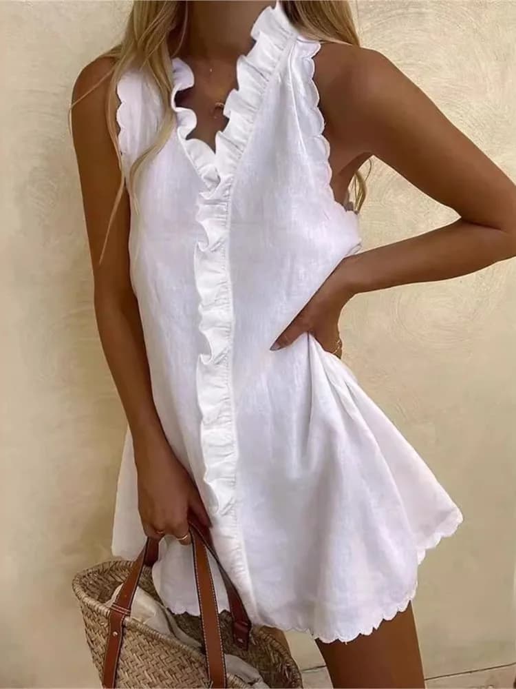 Abito da donna con volant con scollo a V Moda elegante mini abiti senza maniche solidi da donna Summer Beach Holiday Abbigliamento da donna Robe Femme
