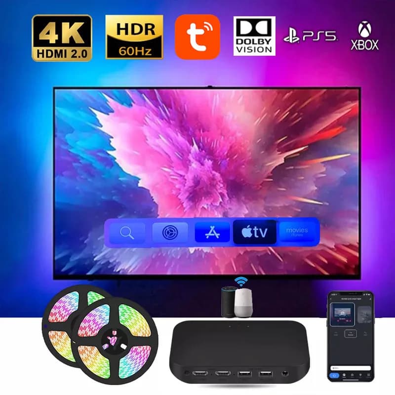 Smart Ambient TV Retroilluminazione a Led per 4K HDMI 2.0/HDMI 2.1 Scatola di sincronizzazione Kit luci di striscia Led Wifi Alexa Voice Google Assistant Control