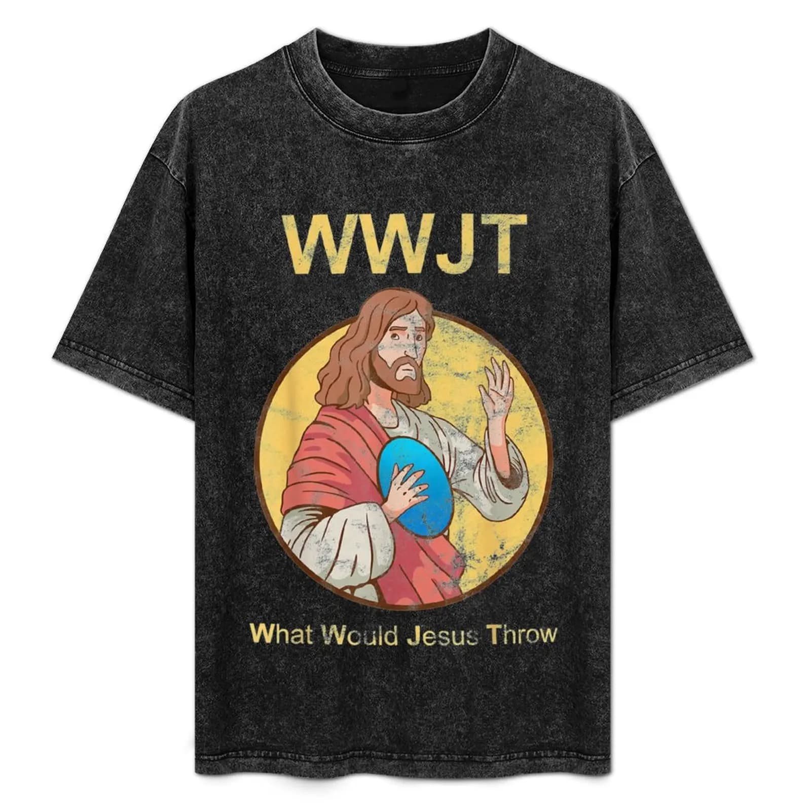 Maglietta a maniche corte da lavoro quotidiano con stampa 'What Would Jesus Throw Golf Disc Humerus Golfer Gift'