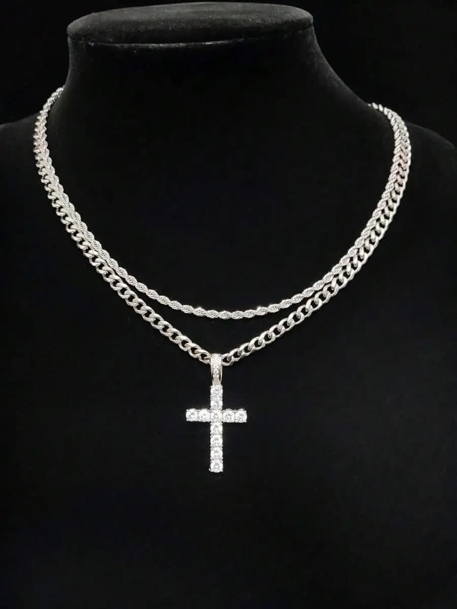 2pcs Set Men's Rhinestone Accent Cuban Twist Rope Chain Necklace With Cross Pendant, Fashion Versatile Accessory, Suitable For M