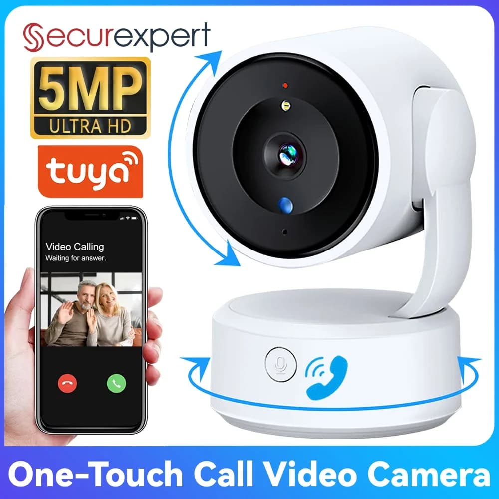 Telecamera IP Tuya 5MP per Bambini e Animali Domestici con WiFi, PTZ, Chiamata One-Touch, Tracciamento Automatico, Visione Notturna a Colori e Audio Bidirezionale