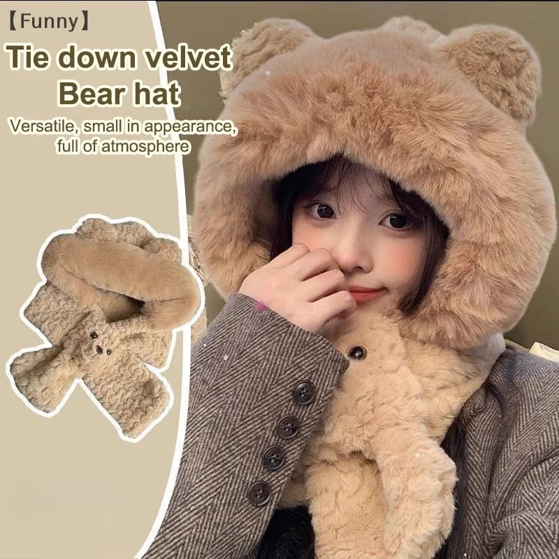 〔Funny〕 Plush Bear Ear Hat Winter Integrated Cap Scarf Windproof Thickened Beanie Hat Scarf Casual Outdoor Warm Scarf Set