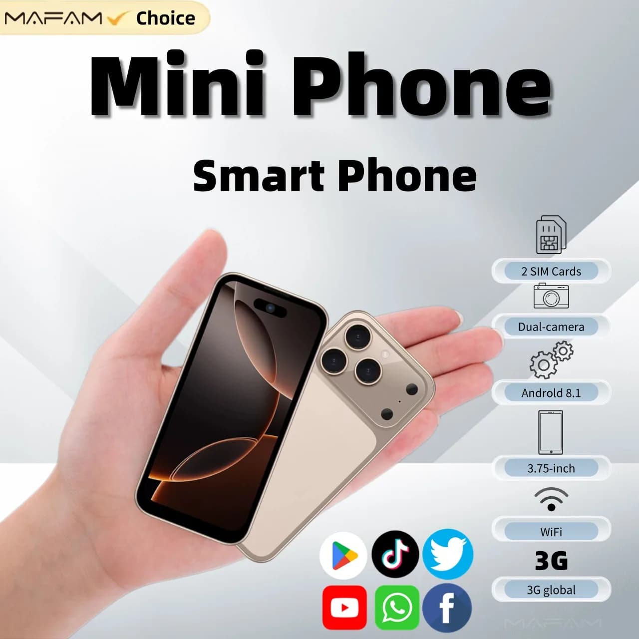 Mini Smart Phone Android 8.1 Schermo da 3,75 "1 GB + 16 GB WiFi Hotspot Dual SIM Due fotocamere Mini Smart Phone a basso prezzo per bambini