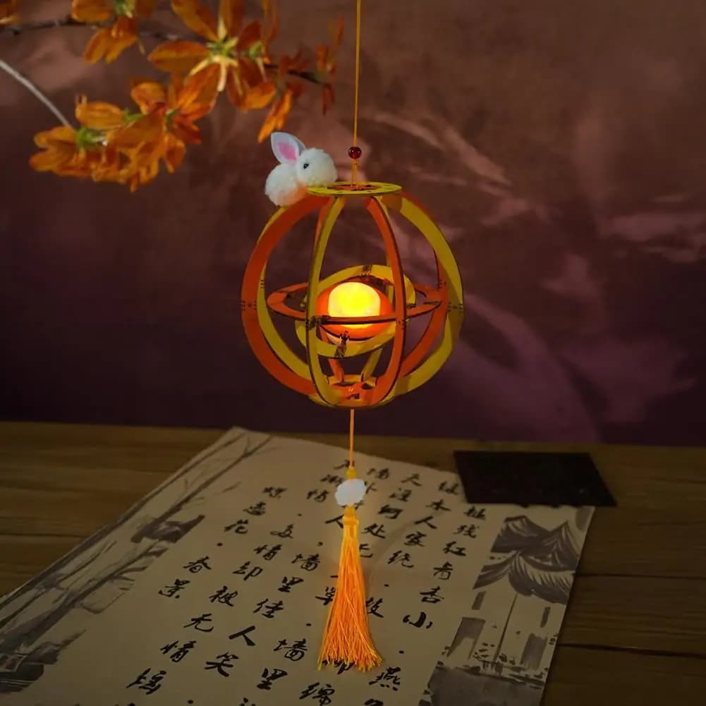 Diy Lanterns Crafts Diy Mid-autumn Festival Lantern Kit Hollow Wooden Rotating Ring Lantern with Rabbit Handmade Led Candle Toy