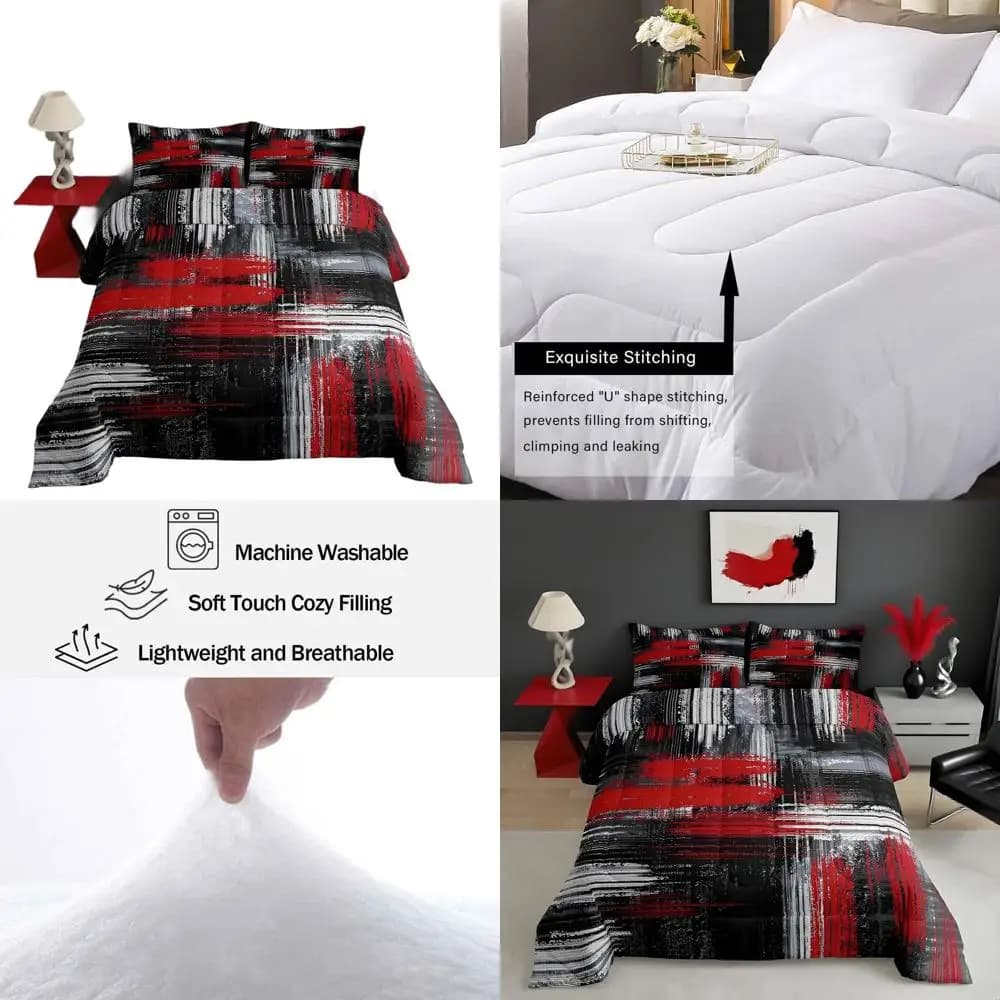 Set copripiumino moderno con graffiti geometrici in rosso, nero e grigio | Biancheria da letto king size con arte astratta | Decorazione della stanza contemporanea