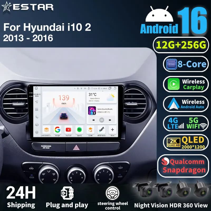 Autoradio Android 16 Wireless Carplay per Hyundai i10 II (2013-2016) con WiFi, GPS, Multimedia, Navigatore, Video Player, 4G LTE, BT, DSP, 2 DIN