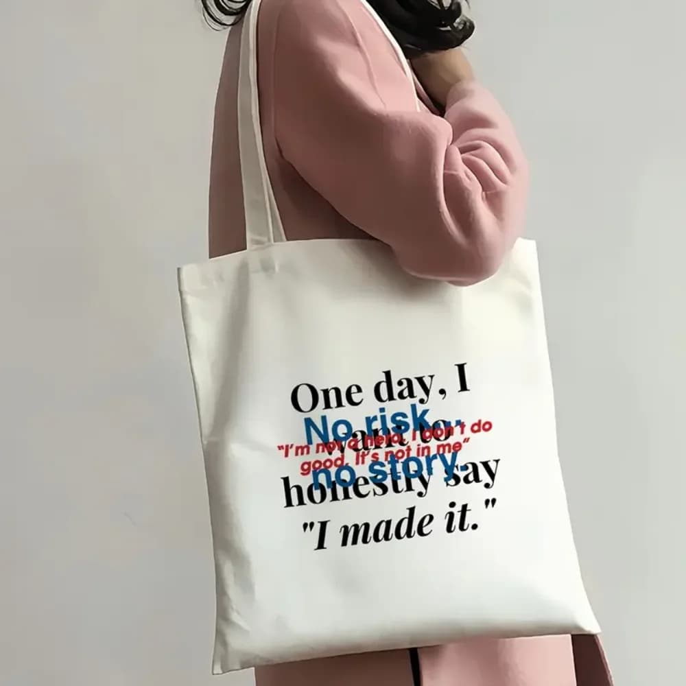 Inspirational No Risk No Story Quote Printed Canvas Tote Bag Shopping Handbag For Motivational Style Daily Casual Carry Bag