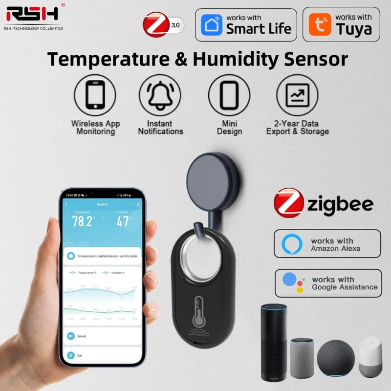 RSH Tuya ZigbeeTtemperature Humidity Sensor Smart Wireless Application Alarm Battery-Powered Indoor Thermometer and Hygrometer