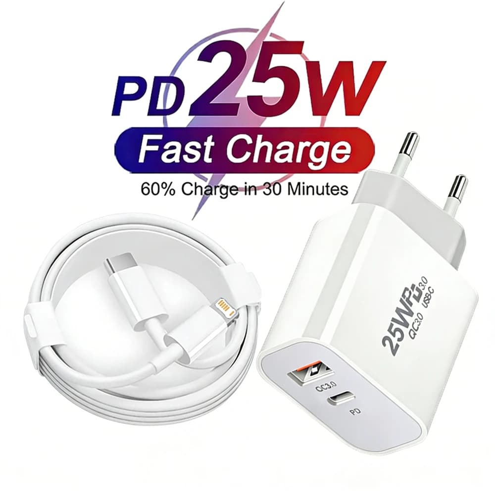 25W PD USB C Dual Port Fast EU Charger For iPhone 11 12 13 Mini 14 Pro Max X XR XS 7 8 Plus Quick Charging PD Cable 1m 1.5m 2m