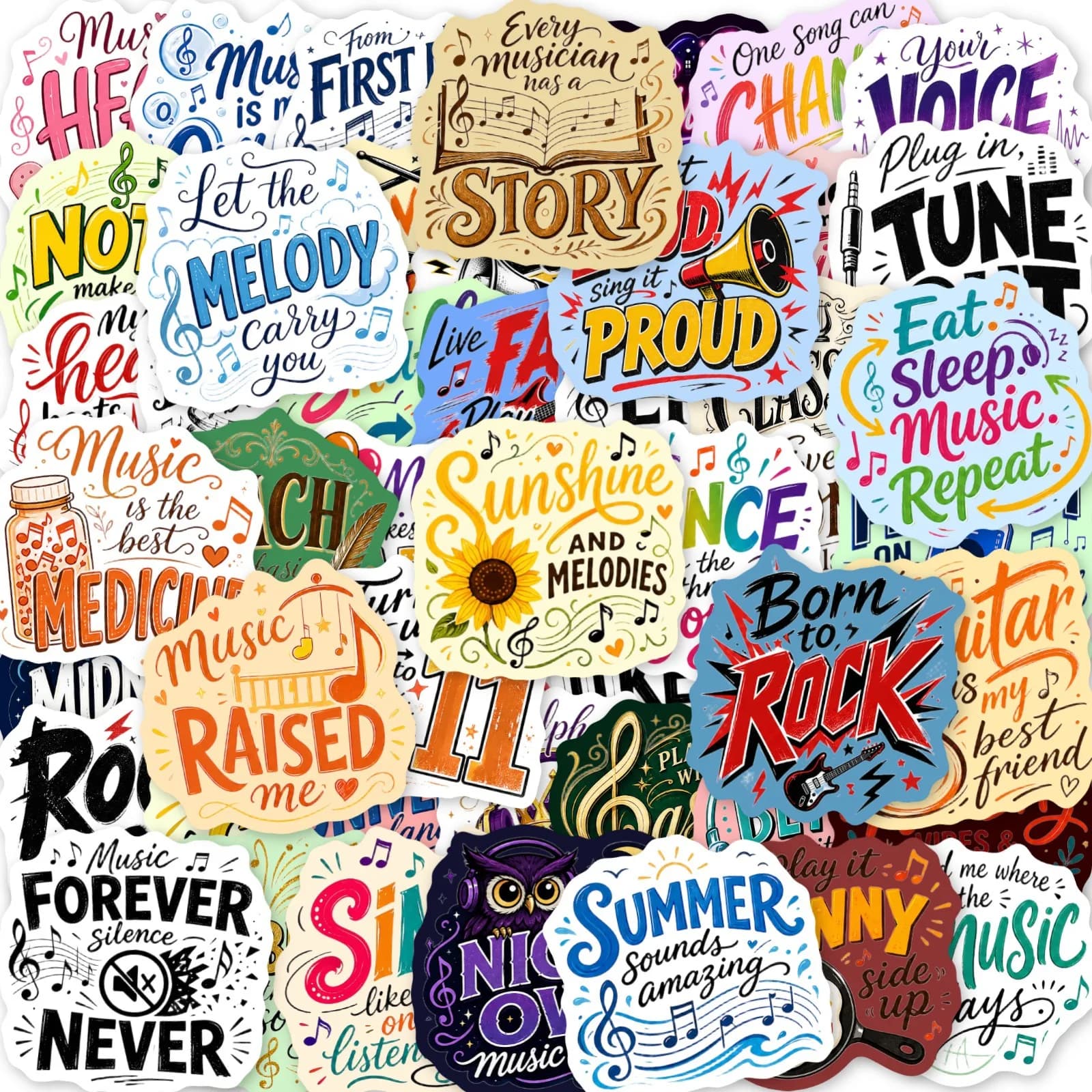 50 Pcs Trendy Rock Inspirational Music Stickers Festival Ambience Waterproof Vinyl Decals for Luggage Guitar Laptop Gift