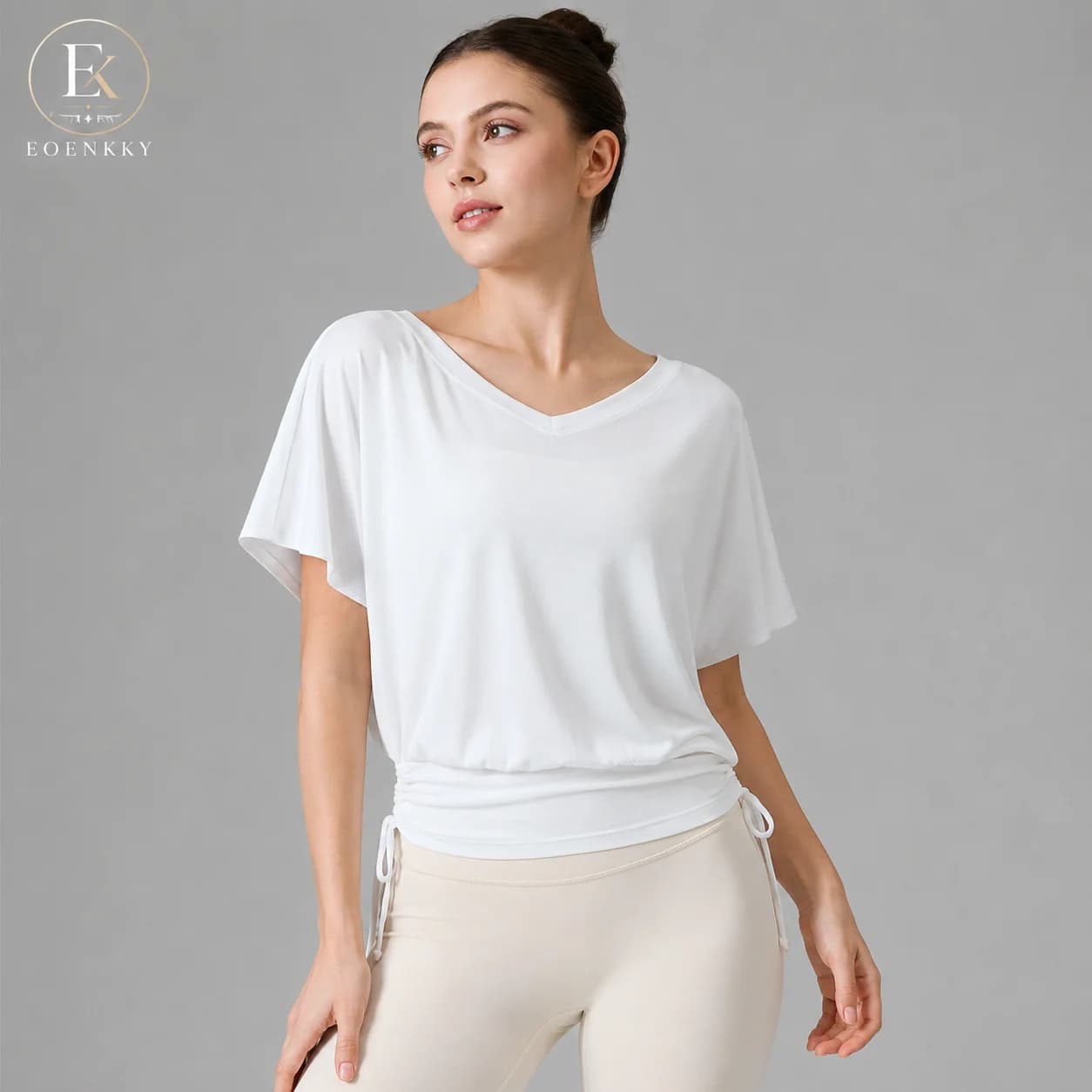 EOENKKY Women's V Neck Yoga Top Loose Batwing Short Sleeve Drawstring Hem Workout T Shirt Breathable Rayon Spandex