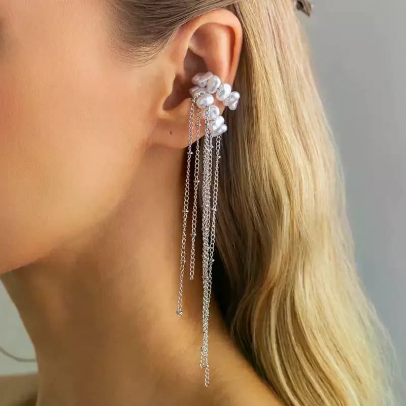 1/2 Pezzi Orecchini a Clip con Perle e Lunghe Nappe, Senza Foro, per Donna, Gioielli di Tendenza