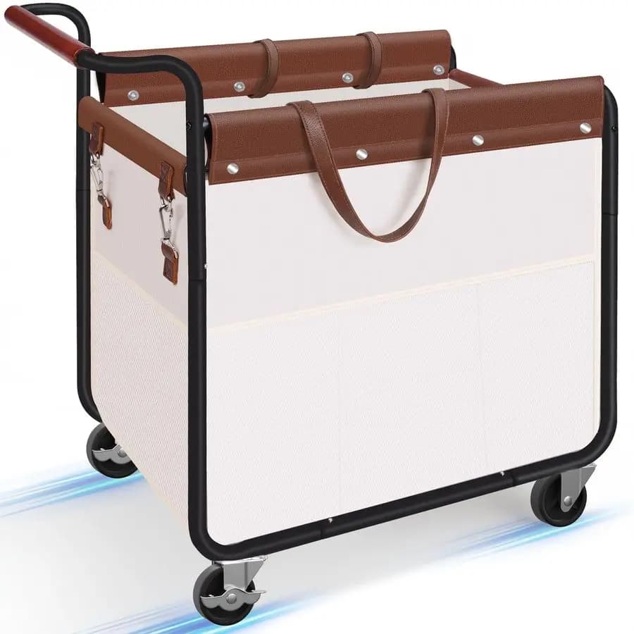 180L Bucato basket with Wheels, White Basket with Wooden Handle and Removable Bag, 7 Side Pockets, Steel Frame Resistant