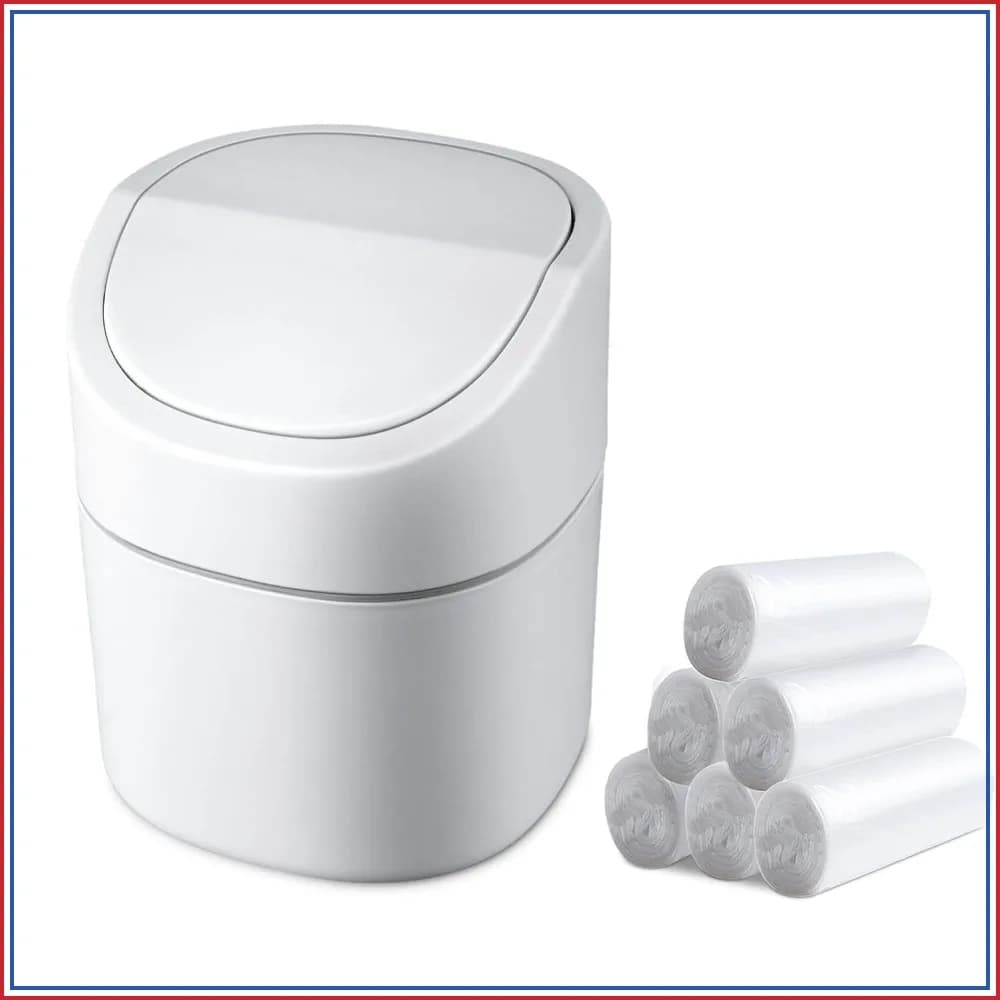 Mini Desk Trash Can with Lid, 180 Trash Bags Included, Swing-Lid Tiny Countertop Garbage Bin, Small Table Top Plastic Waste Basket