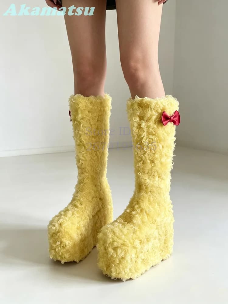 Cute Fluffy Faux Fur Platform Boots Round Toe Red Bow Decor Side Zipper Mid Calf Warm Boots 2026 Winter Fashion Women Shoes
