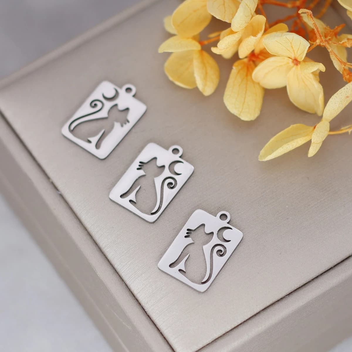 3pcs Stainless Steel Moon Cat Charm For Jewelry Making Earring Pendant Bracelet Necklace Accessories Metal Diy Craft Supplies