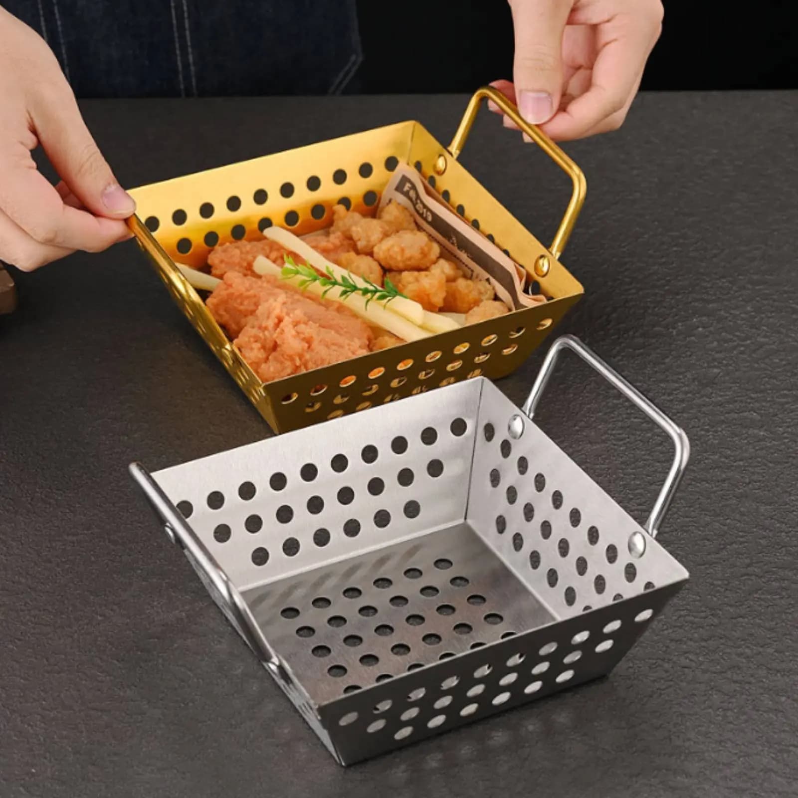 Cestello per Frittura in Acciaio Inossidabile con Doppio Manico, Porta Patatine Quadrato, Cestello da Servizio Quadrato, Materiale Rinforzato