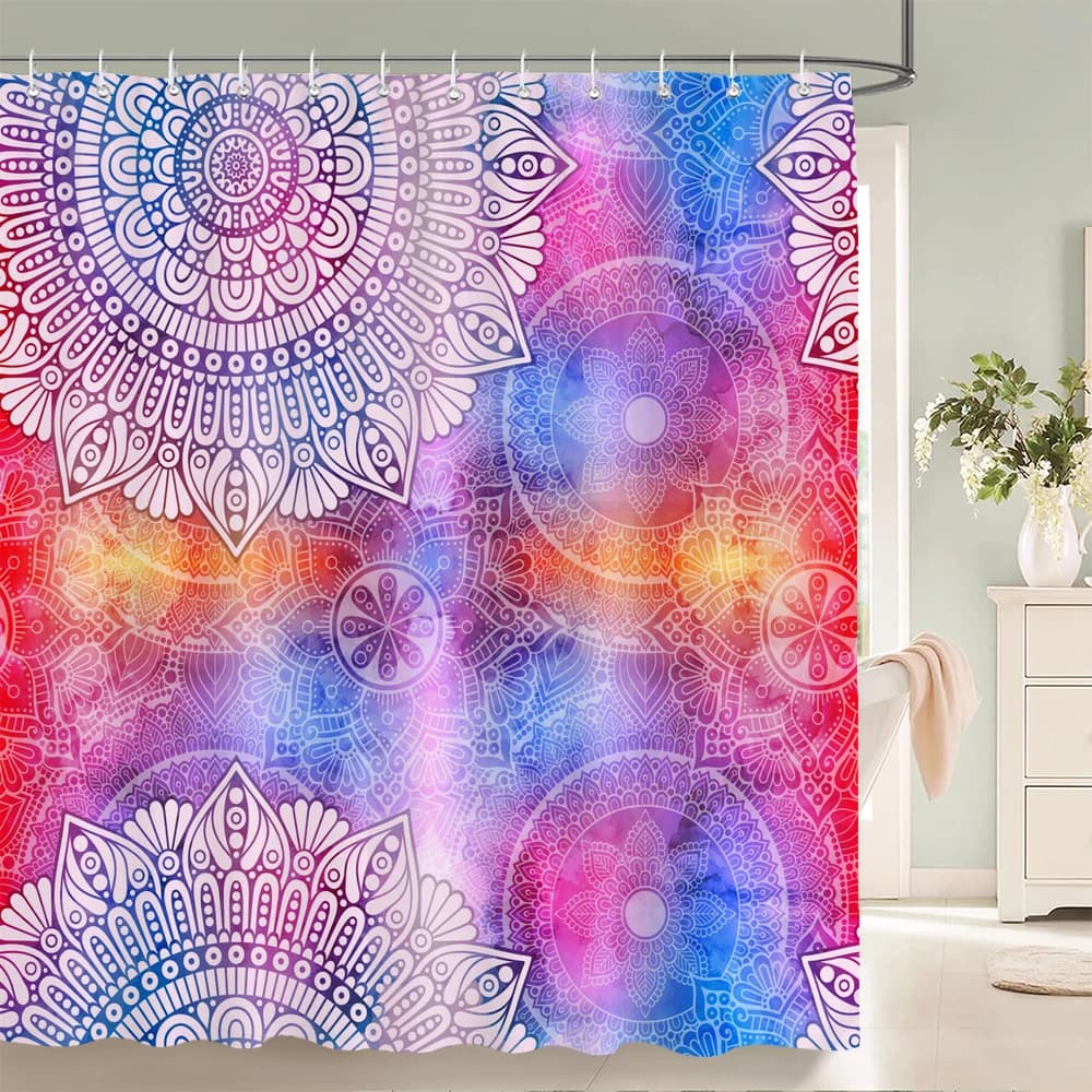 Tende da Doccia Bohemien, Tenda Doccia con Decorazioni Etniche Marocchine, Tenda Floreale in Tessuto, Set Decorativo per Bagno con Ganci