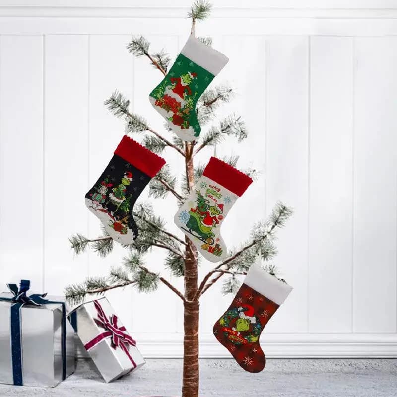 Calza natalizia Grinch Calzino Borsa regalo da elfo Cartone animato Mostro verde Ornamento da appendere Decorazione per camino