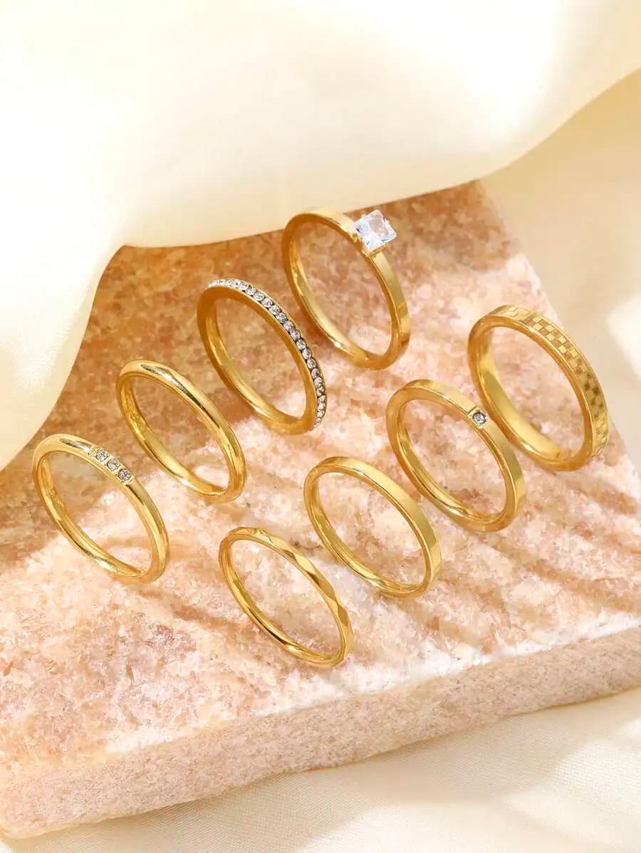 6/8pcs Fashionable Minimalist Stainless Steel Rhinestone Polished Rings Set, Unisex, Suitable For Daily Wear, Holiday & Date