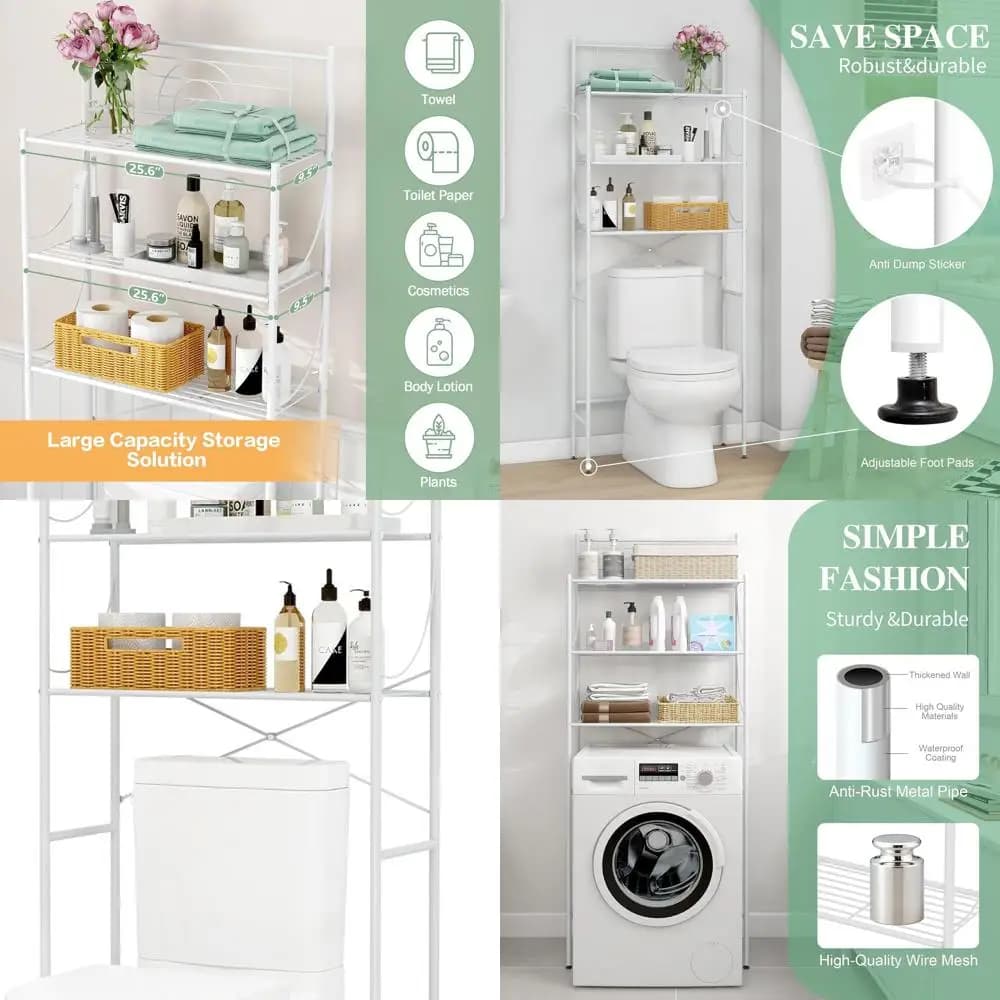 Scaffale portaoggetti per WC in metallo bianco a 3 livelli con ganci e portarotolo per piccoli spazi del bagno e appartamenti