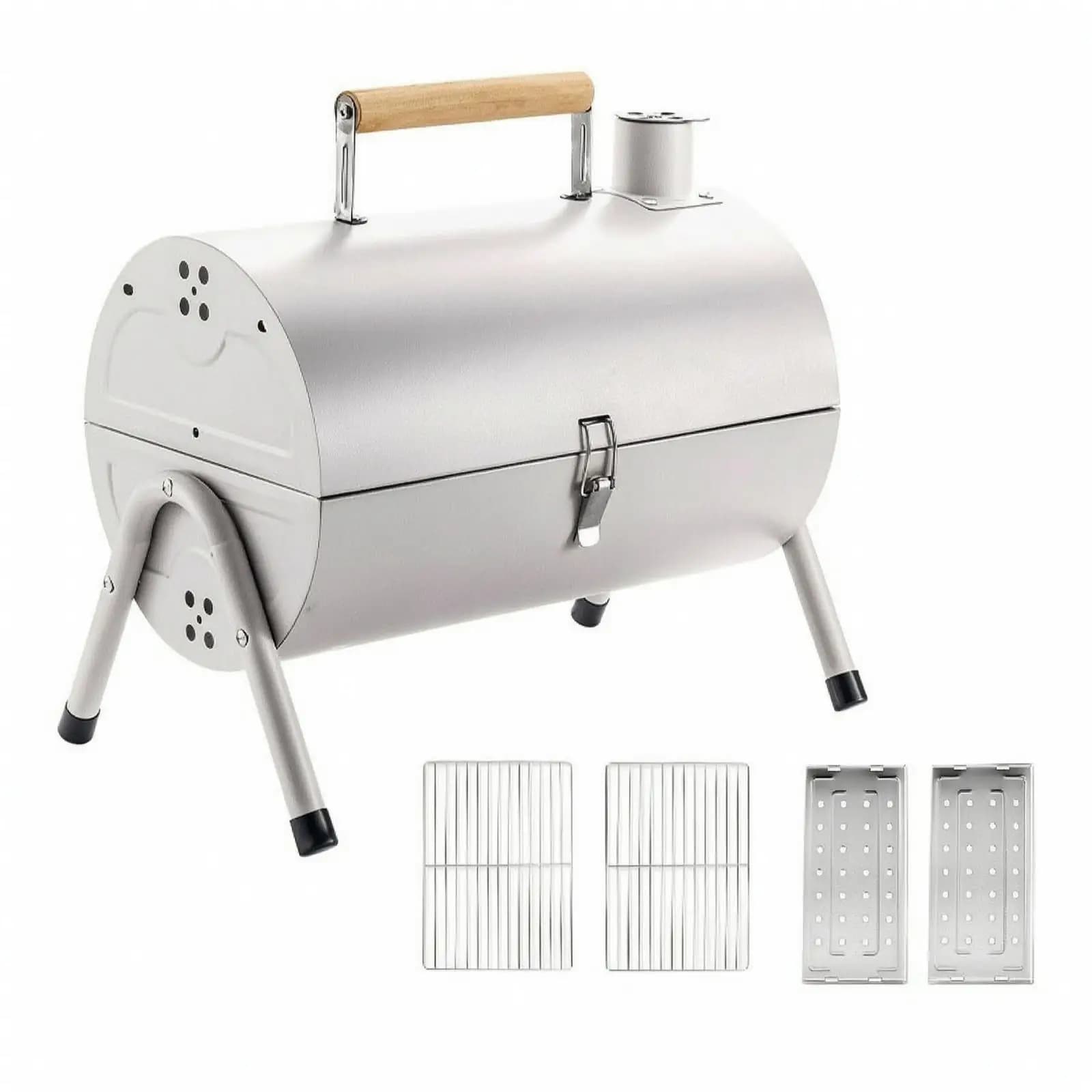 Round Portable BBQ Grill with Lid for Camping Backyard Picnic Folding Legs Wood Handle Charcoal Stove
