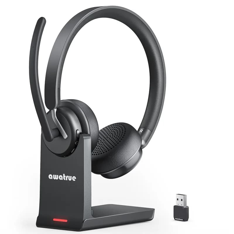 Awatrue Wireless Headset for Work Call Center Bluetooth 5.3 & 2.4G Dongle Headphone with Noise Cancelling Mic Computer Headset