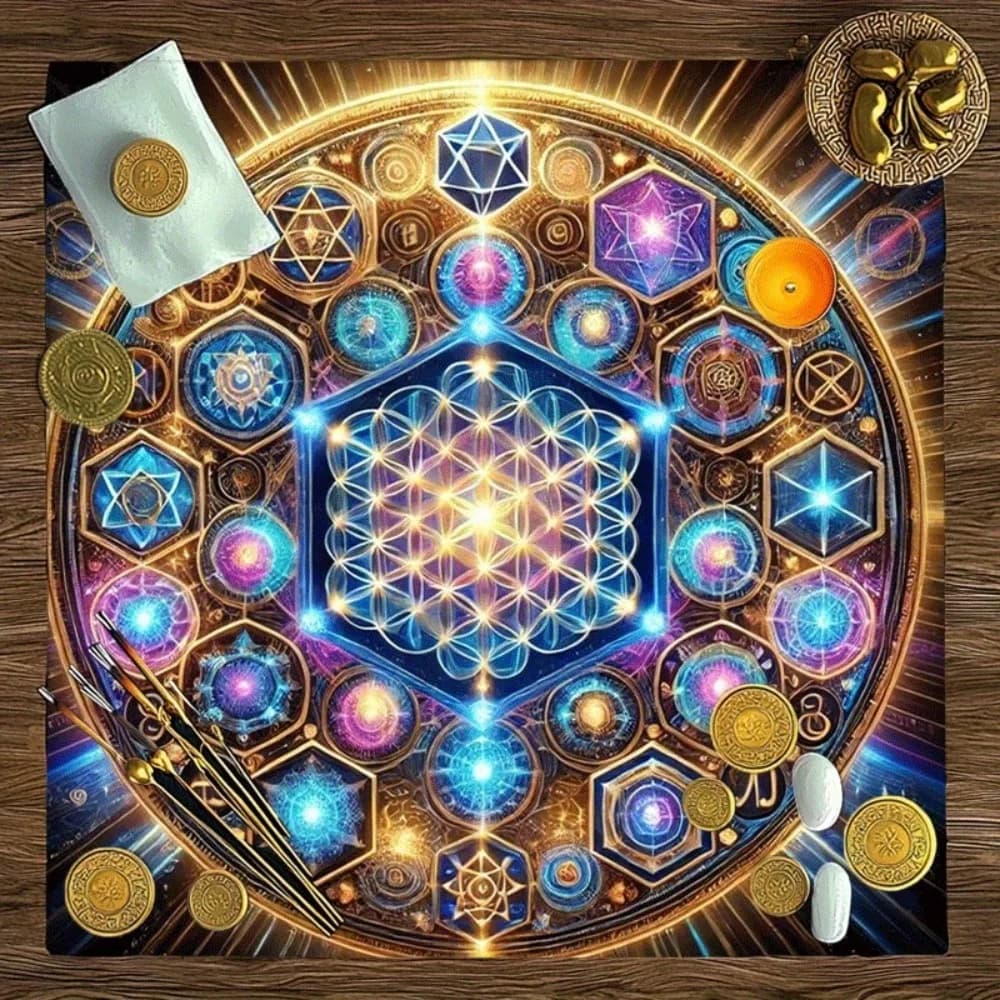 Tovaglia per Tarocchi in Diverse Misure, Stampa Geometria Sacra, Mistero Cosmico, Tappeto per Altare in Poliestere, Tappetino per Divinazione e Gioco di Carte