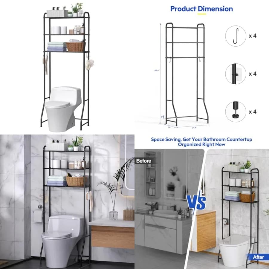 Scaffale portaoggetti da posizionare sopra il WC, mobiletto organizer per bagno sopra il WC, scaffale autoportante salvaspazio, nero