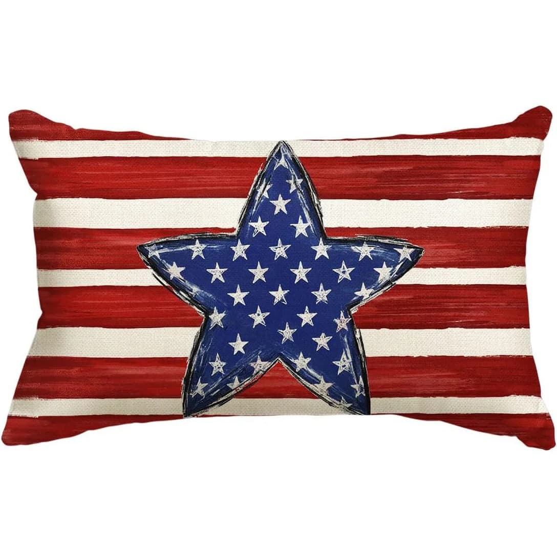 1pc Hand Painted American Flag Star Themed Printed Lumbar Pillow Cover, Suitable for Sofa, Bedroom, Living Room, Patriotic Decor