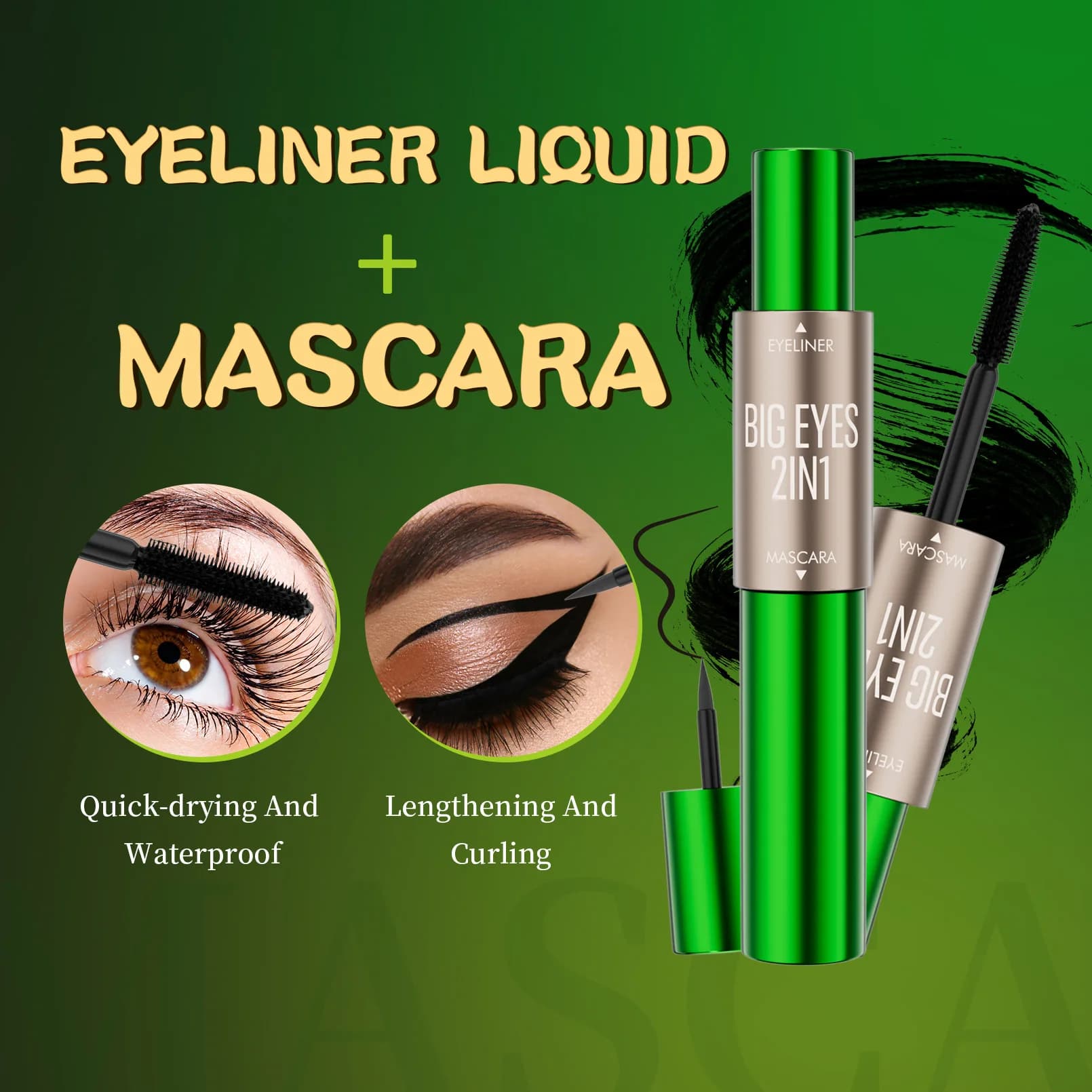 Mascara e Eyeliner 2 in 1 Impermeabile, Allungante e Volumizzante, Senza Sbavature, Nuovo Trucco per Ciglia Folte